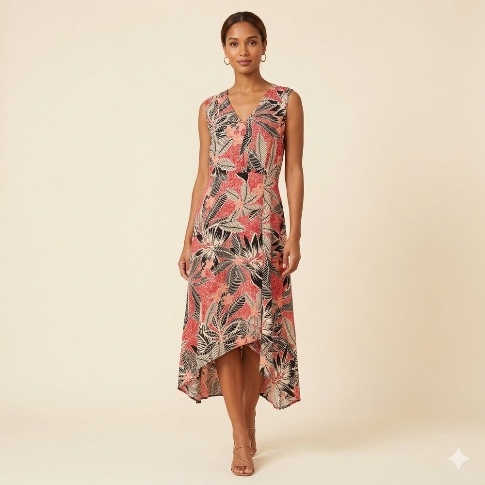 Liz Claiborne M Sleeveless Midi Dress Red Black Tropical Floral Asymmetric Hem